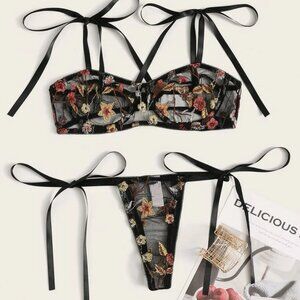 Floral Embroidery Bra & Side Tie Thong S